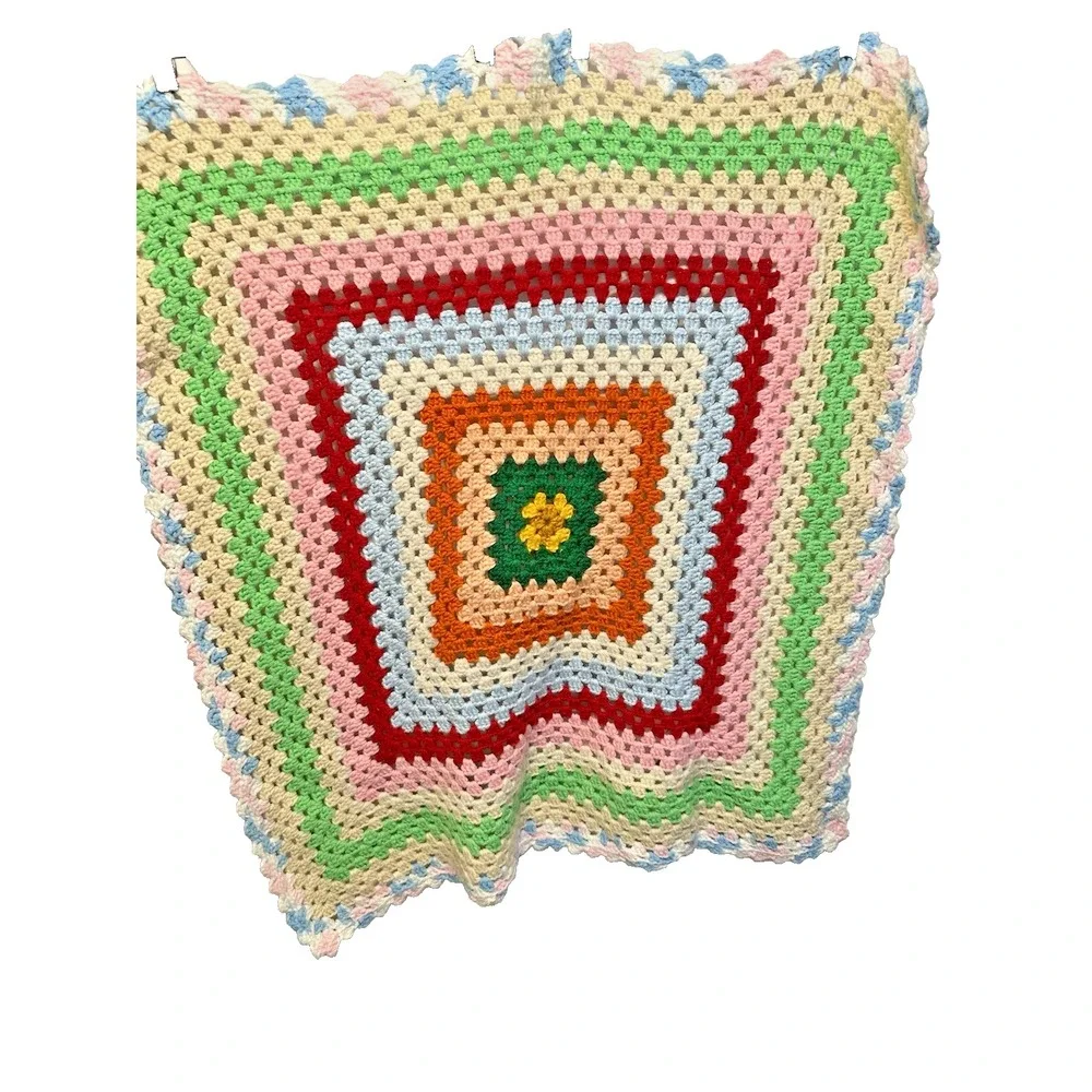 Shabby Cottage Chic Hand Crocheted Blanket Afghan Multicolor 34